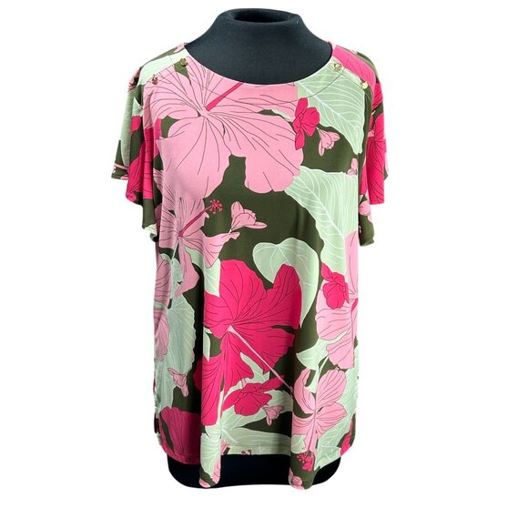 Liz Claiborne Tops - Liz Claiborne Womens XL Pink & Green Floral Print Top Short Sleeves Keyhole Back
